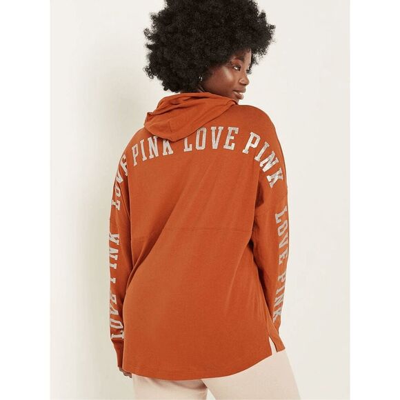 PINK Victorias Secret Orange Silver Glitter Varsity Long Sleeve Hoodie Shirt L N - Picture 9 of 10